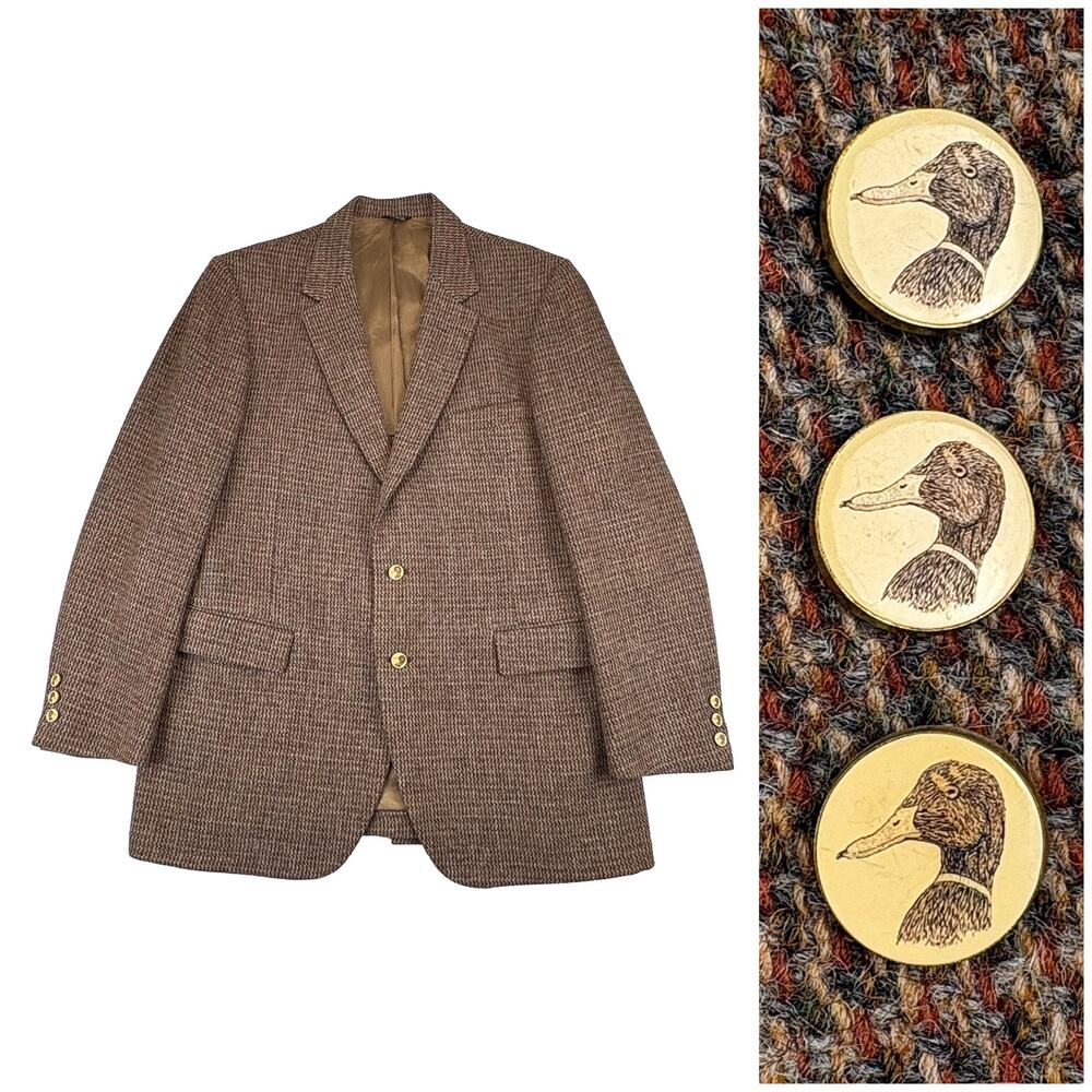 Vintage Harris Tweed Blazer Mens 42R Brown Wool Mallard Duck Button Tailored USA
